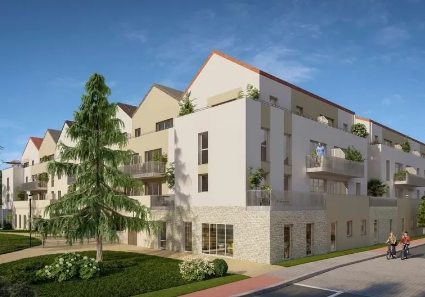 The OBEO Éragny-sur-Oise residence on the street corner: cream facades with tiled roofs, units at street level and cyclists on the greenway (architect’s render)