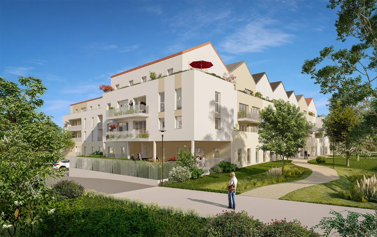 Garden-side view of the OBEO senior residence in Éragny-sur-Oise: cream facades with flower-filled balconies, landscaped paths and a rooftop terrace with a red parasol (architectural rendering)