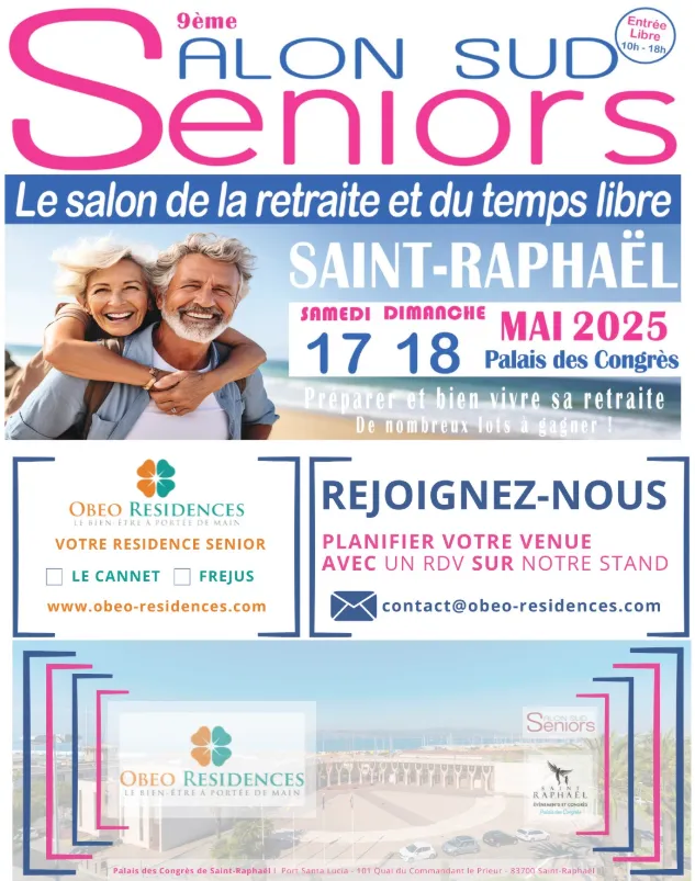 Affiche du 9e Salon Sud Seniors à Saint-Raphaël les 17 et 18 mai 2025, avec les coordonnées du stand OBEO Résidences