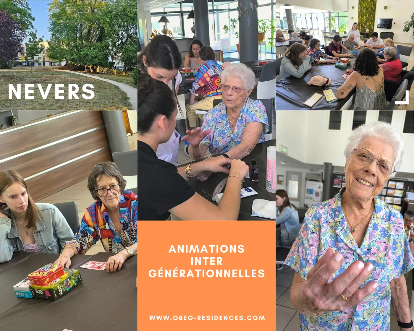 Montage des ateliers intergénérationnels de Nevers : jeunes bénévoles et résidentes autour des jeux, et une résidente présentant son gâteau décoré