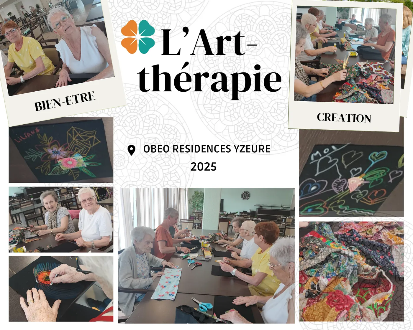 Montage photo titré « L'Art-thérapie » : des résidentes dessinent aux pastels et posent avec leurs œuvres colorées