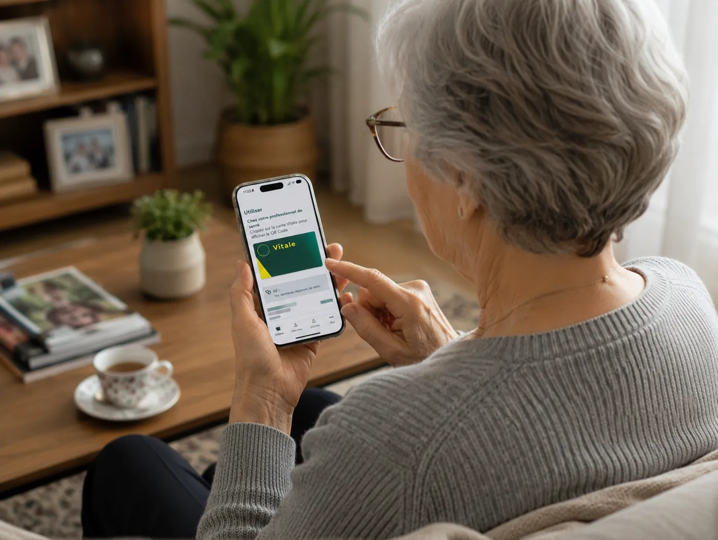 An older woman on her sofa looking at a health card displayed on her smartphone
