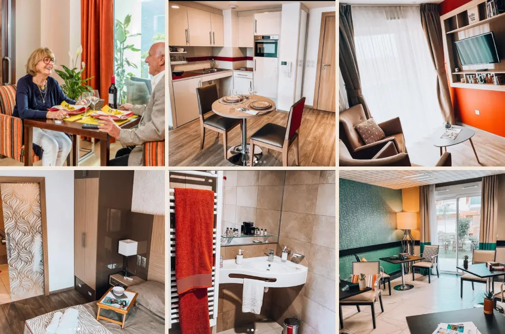 Montage d'un appartement avec services : coin repas, cuisine équipée, salle de bains, chambre et salon des résidents