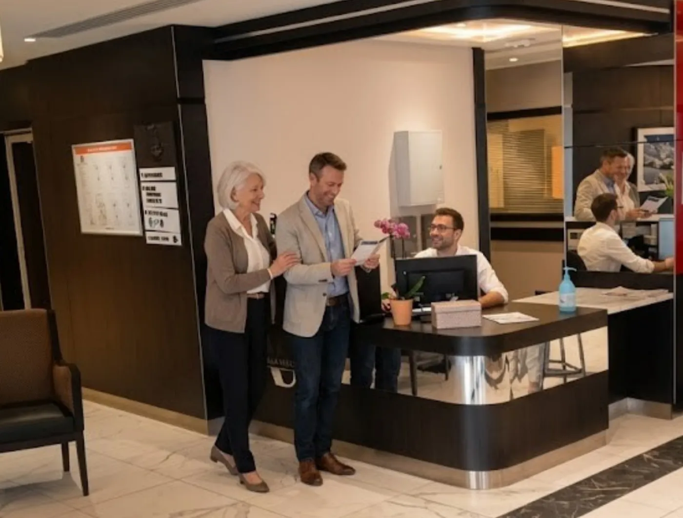 Two visitors talking to the receptionist at the residence's front desk