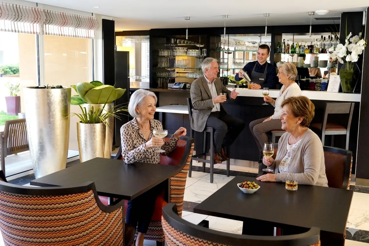 Residents and staff around the residence bar with glasses of wine and nibbles