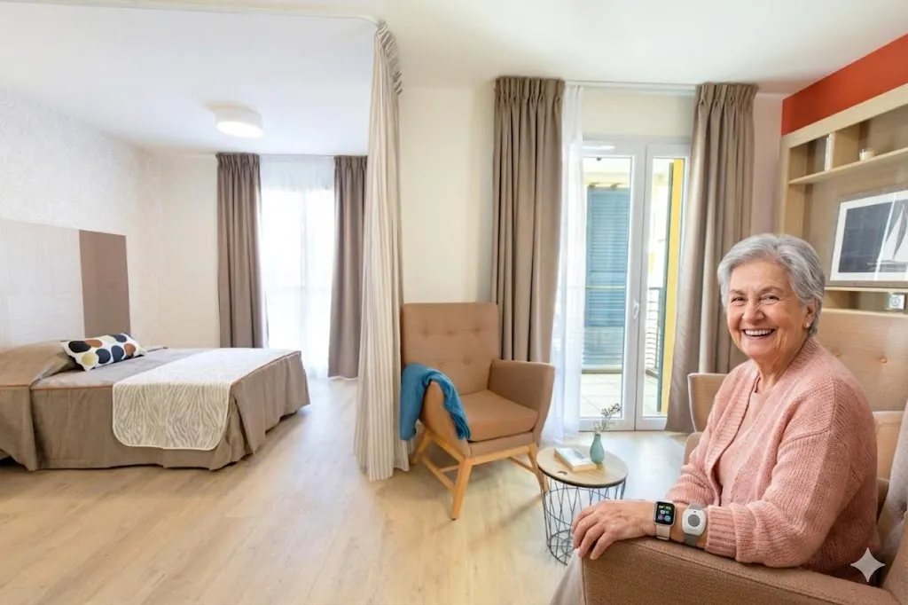 A resident sitting by the window of her apartment, the bed and balcony door behind her