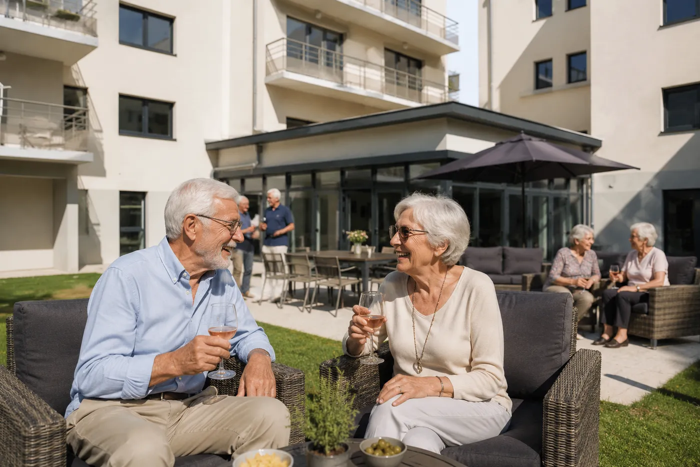 A senior couple chatting with drinks in hand on the garden terrace, other residents behind them