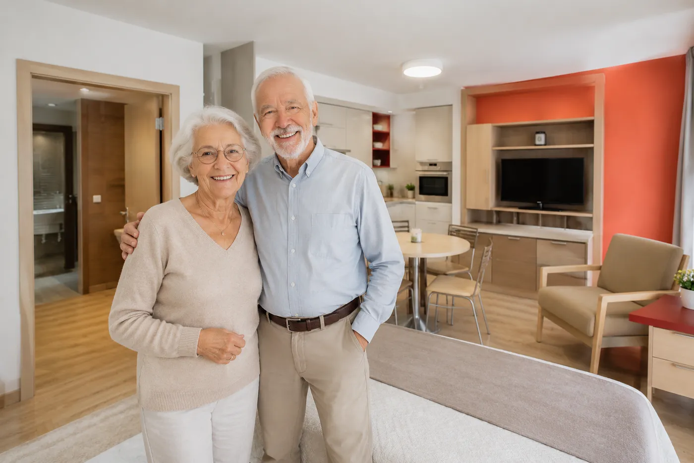 A senior couple standing arm in arm in the middle of their furnished apartment