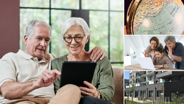 Montage sur la veille à distance : un couple en visioconférence, une carte de France et un bâtiment de résidence