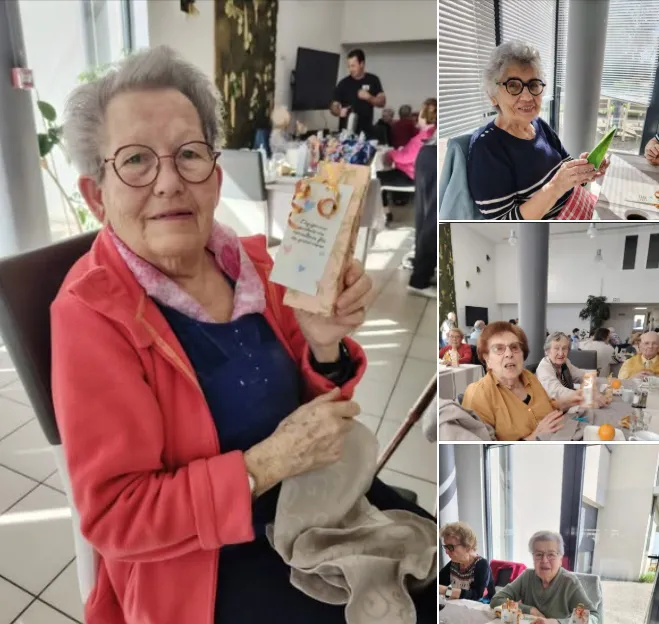 Montage de la fête : une résidente présente le cadeau qu'elle a reçu, entourée de vues des tablées