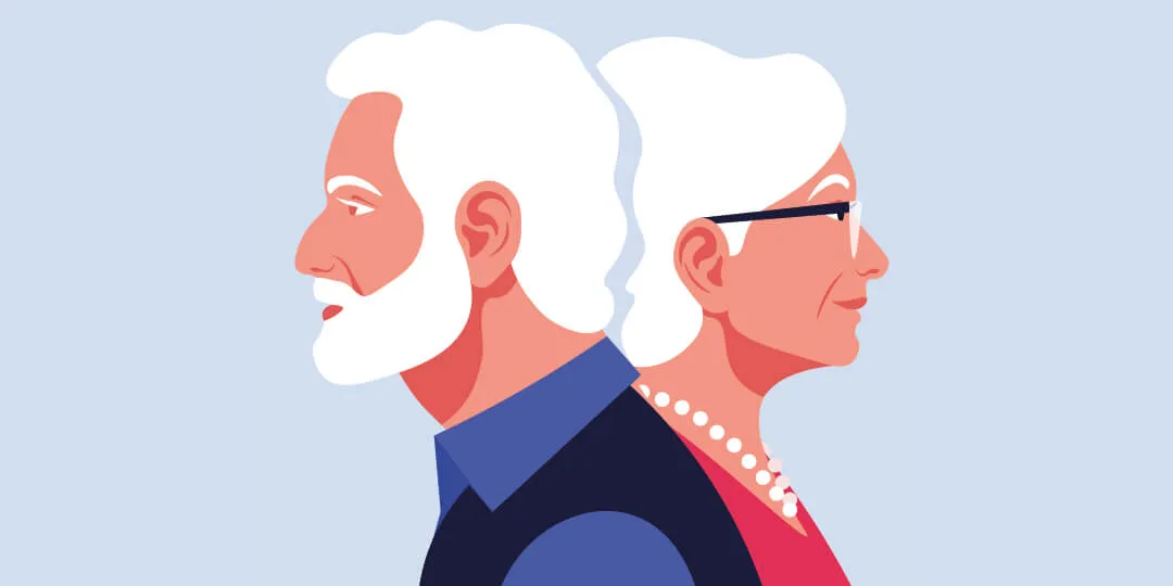 Flat illustration of an older man and an older woman shown back to back in profile