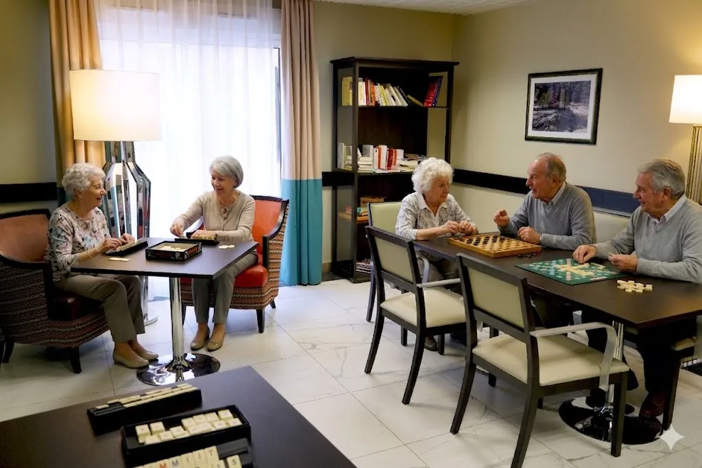 Deux résidentes jouent aux dominos au salon pendant que trois autres disputent une partie de dames et de Scrabble à la table voisine