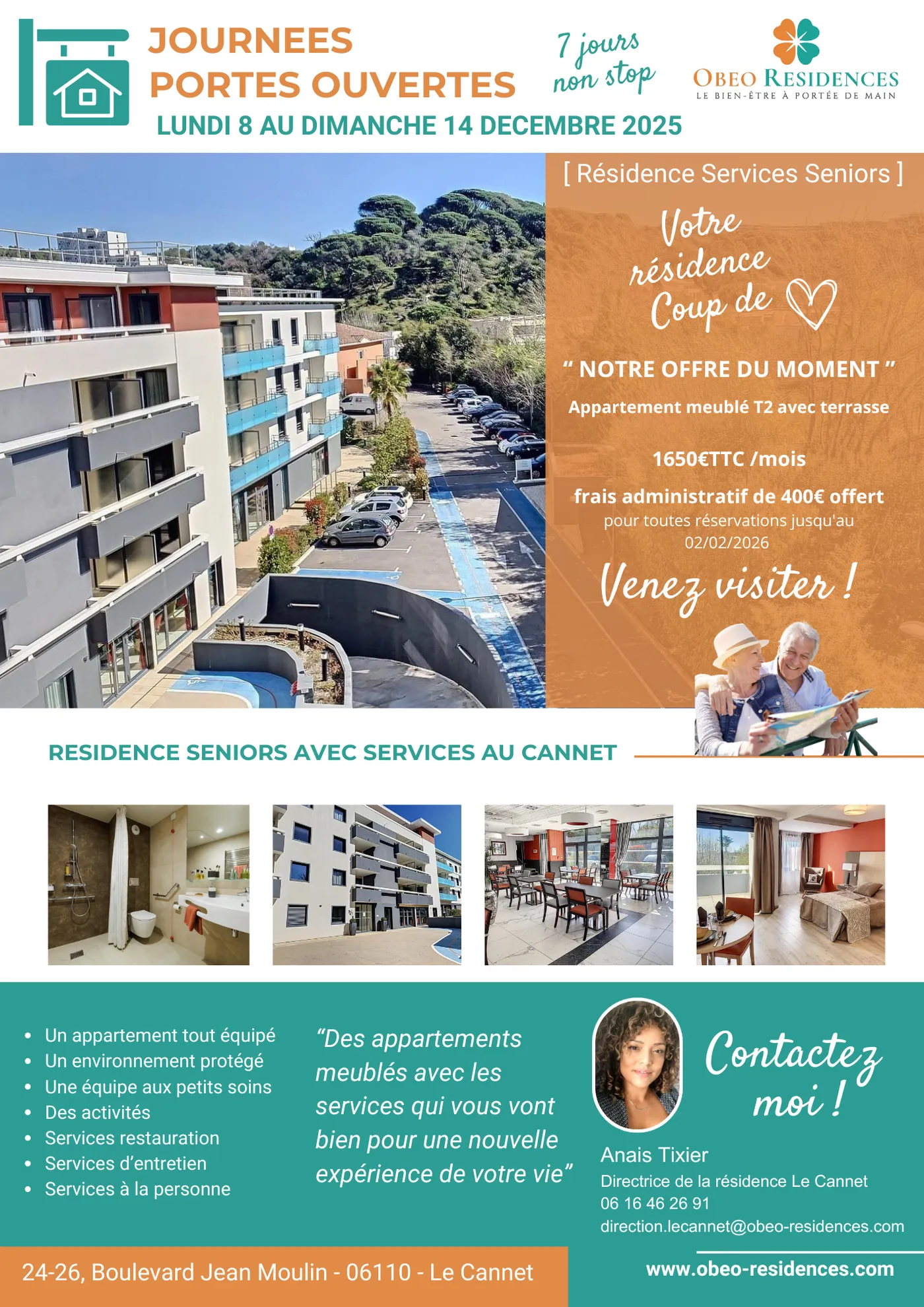 Open-house flyer for the Le Cannet residence, 8 to 14 December 2025, with photographs of the apartments