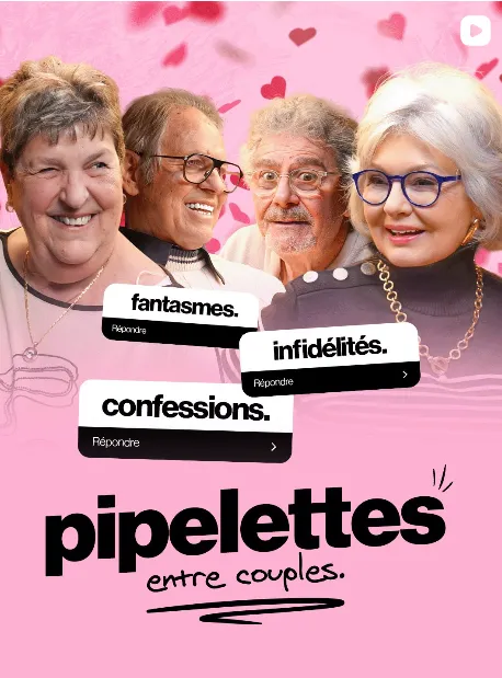 Screenshot of a social media post showing four laughing seniors above a French title meaning couples' gossip