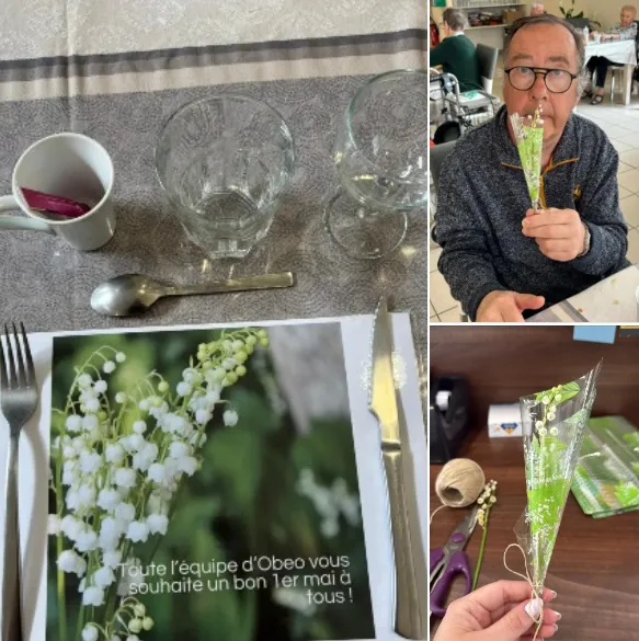 Montage du 1er Mai : un brin de muguet, une table dressée et un résident qui sent son bouquet