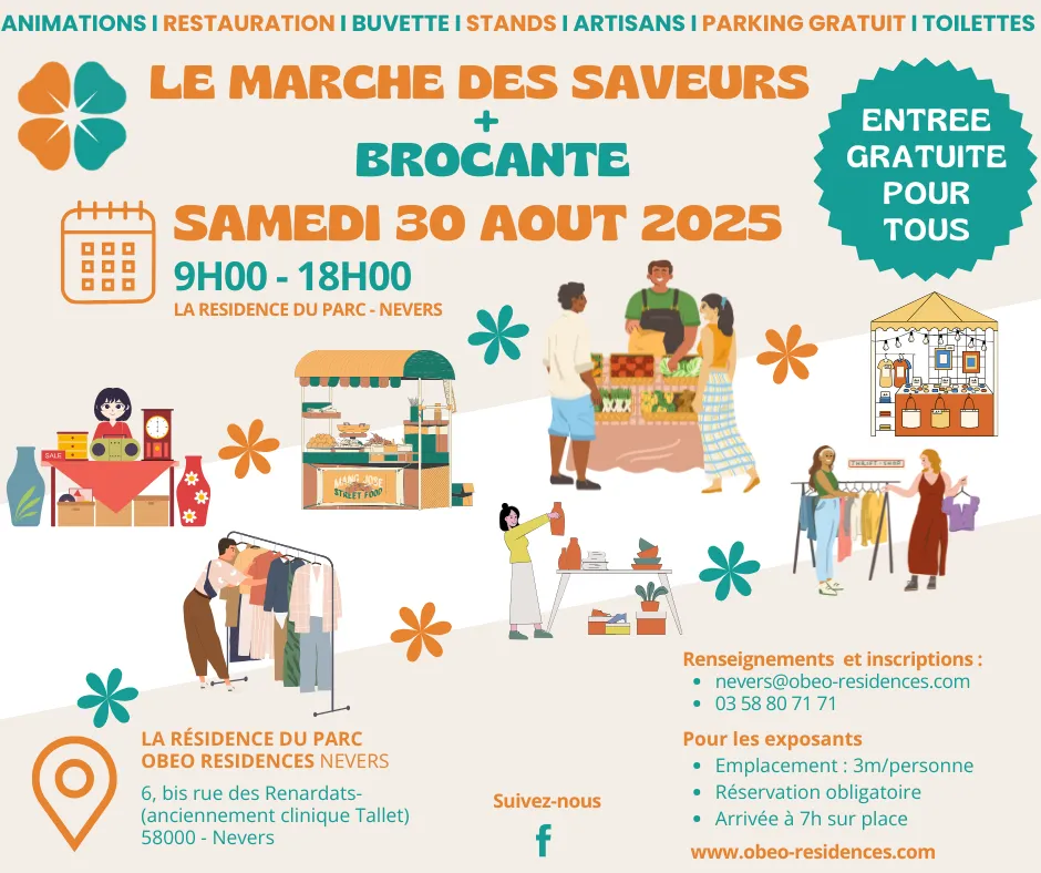 Poster for the Flavours Market and flea market at the Residence du Parc in Nevers on 30 August 2025