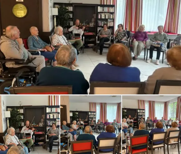 Montage of an afternoon talk in the library, residents gathered in a circle to listen