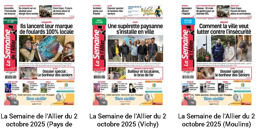 Trois unes de La Semaine de l'Allier du 2 octobre 2025 dans lesquelles la résidence est évoquée