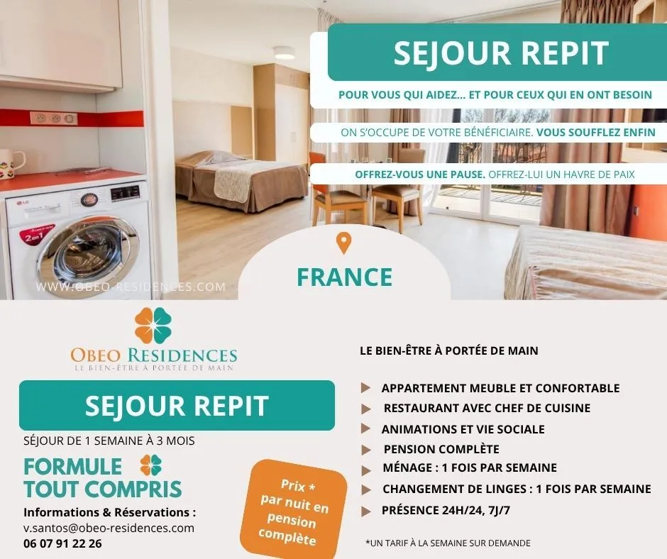 Visuel OBEO Résidences « Séjour répit » pour les aidants : appartement meublé, formule tout compris, présence 24h/24