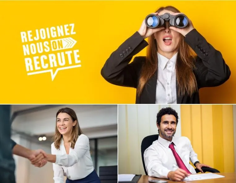 Visuel de recrutement : une femme scrute à la jumelle à côté de la mention « Rejoignez-nous, on recrute »