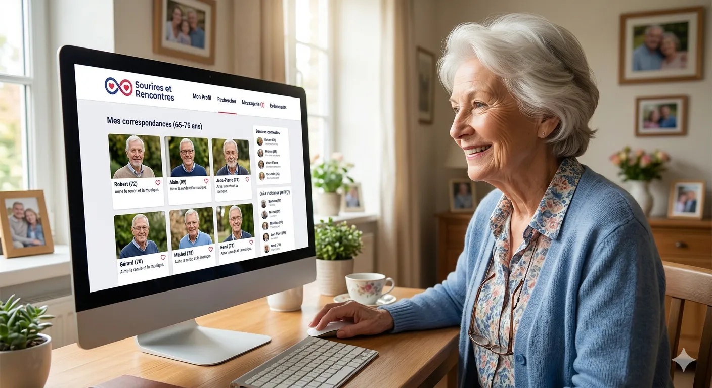 An older woman at her computer browsing profiles on a dating site