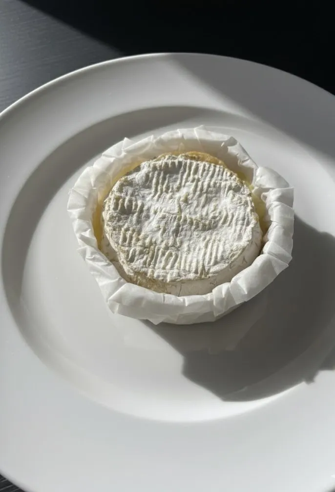Un camembert entier servi sur une assiette blanche