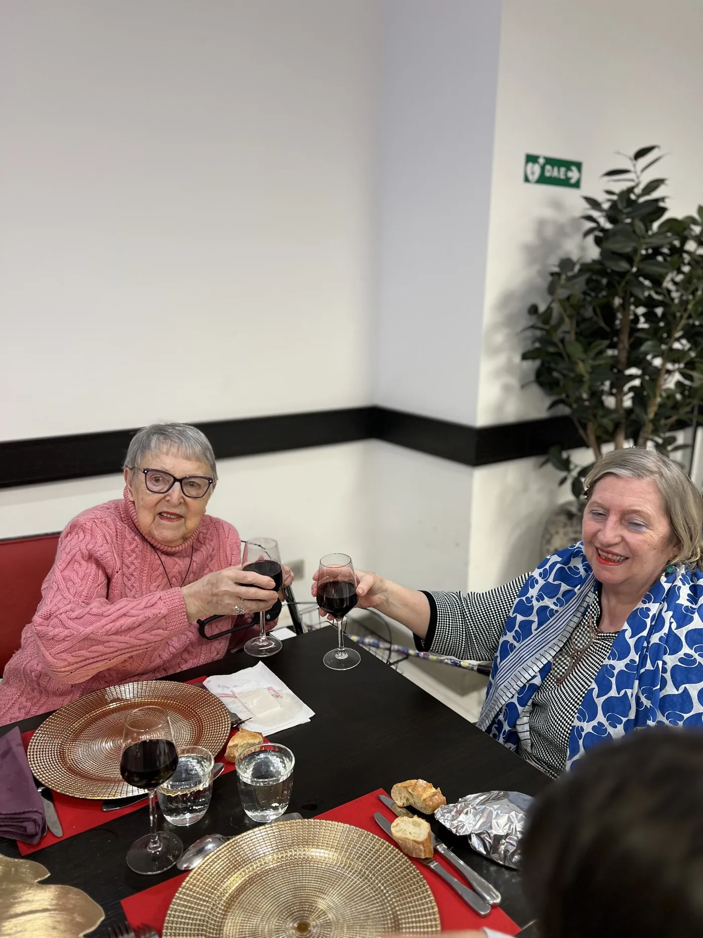 Deux résidentes se penchent l'une vers l'autre pour trinquer au beaujolais