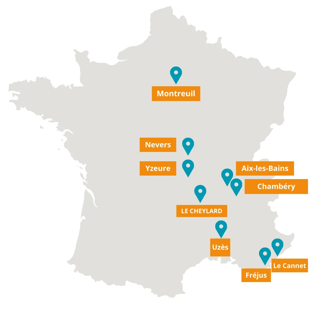 Carte de France localisant les résidences OBEO, de Montreuil à Fréjus et au Cannet