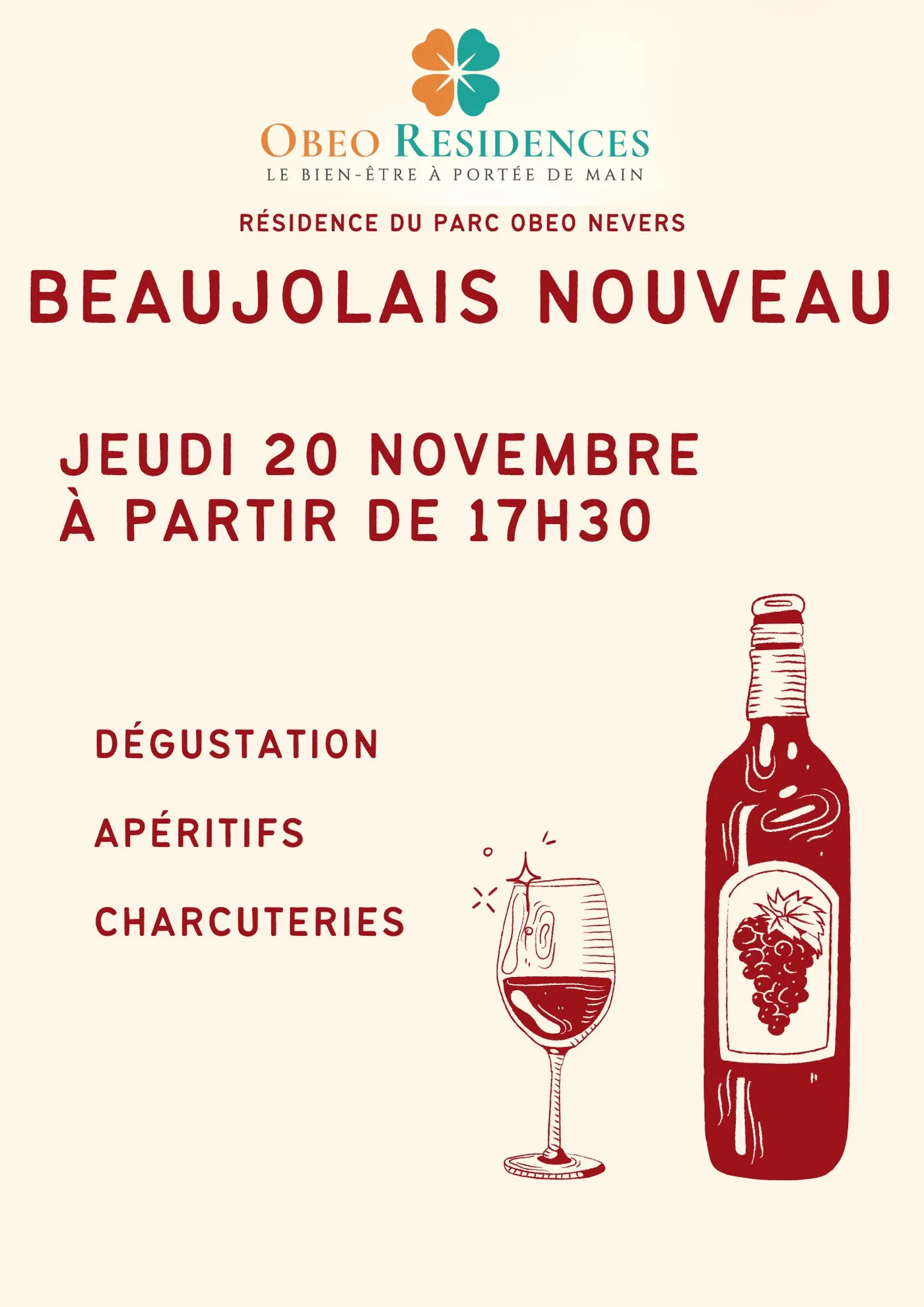 Affiche annonçant la soirée Beaujolais nouveau du jeudi 20 novembre, avec dégustation, apéritifs et charcuteries