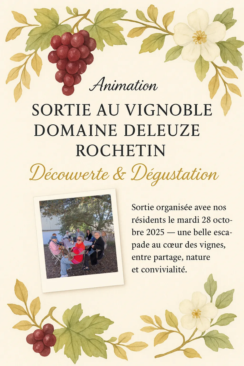 Affiche de la sortie au vignoble Domaine Deleuze-Rochetin, illustrée d'une photo des participants parmi les vignes