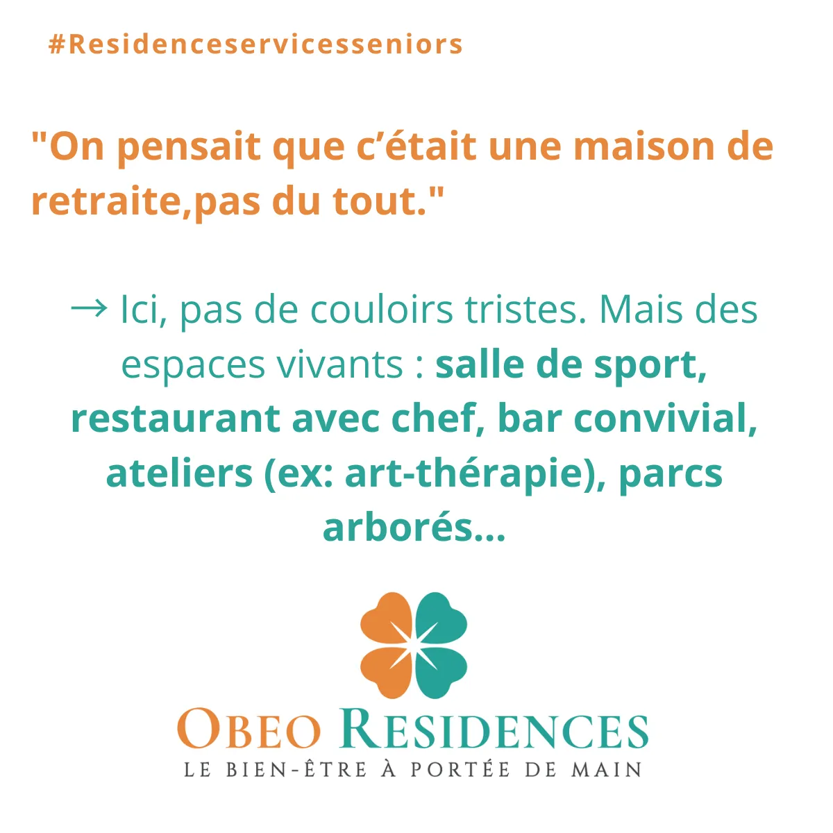 Visuel répondant à l'idée que la résidence serait une maison de retraite, en citant la salle de sport, le restaurant, le bar et les ateliers