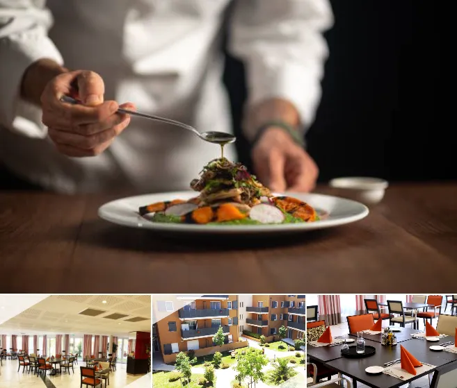 Un chef termine le dressage d'une assiette, surmontant de petites vues des salles à manger