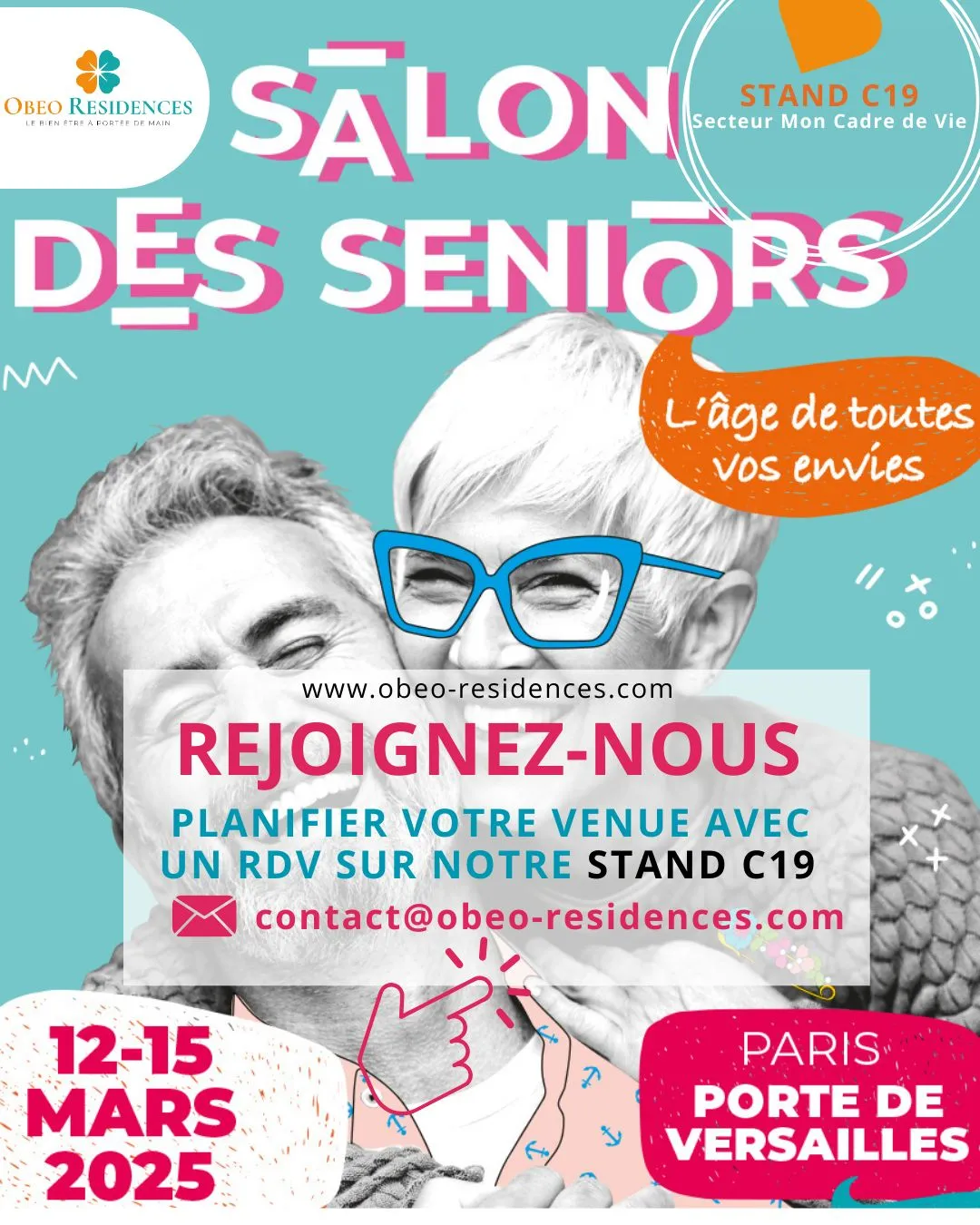 Affiche du Salon des Seniors à Paris, du 12 au 15 mars 2025, indiquant le numéro du stand OBEO