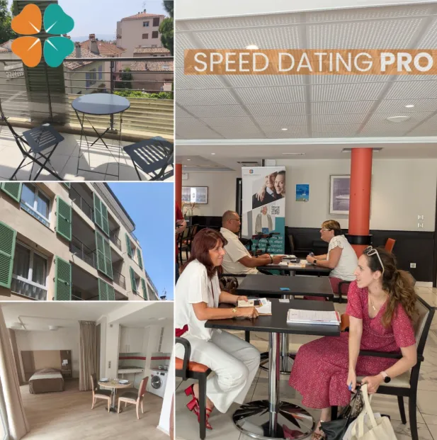 Montage de l'après-midi Speed Dating Pro : la résidence, sa terrasse et les professionnels en discussion aux tables