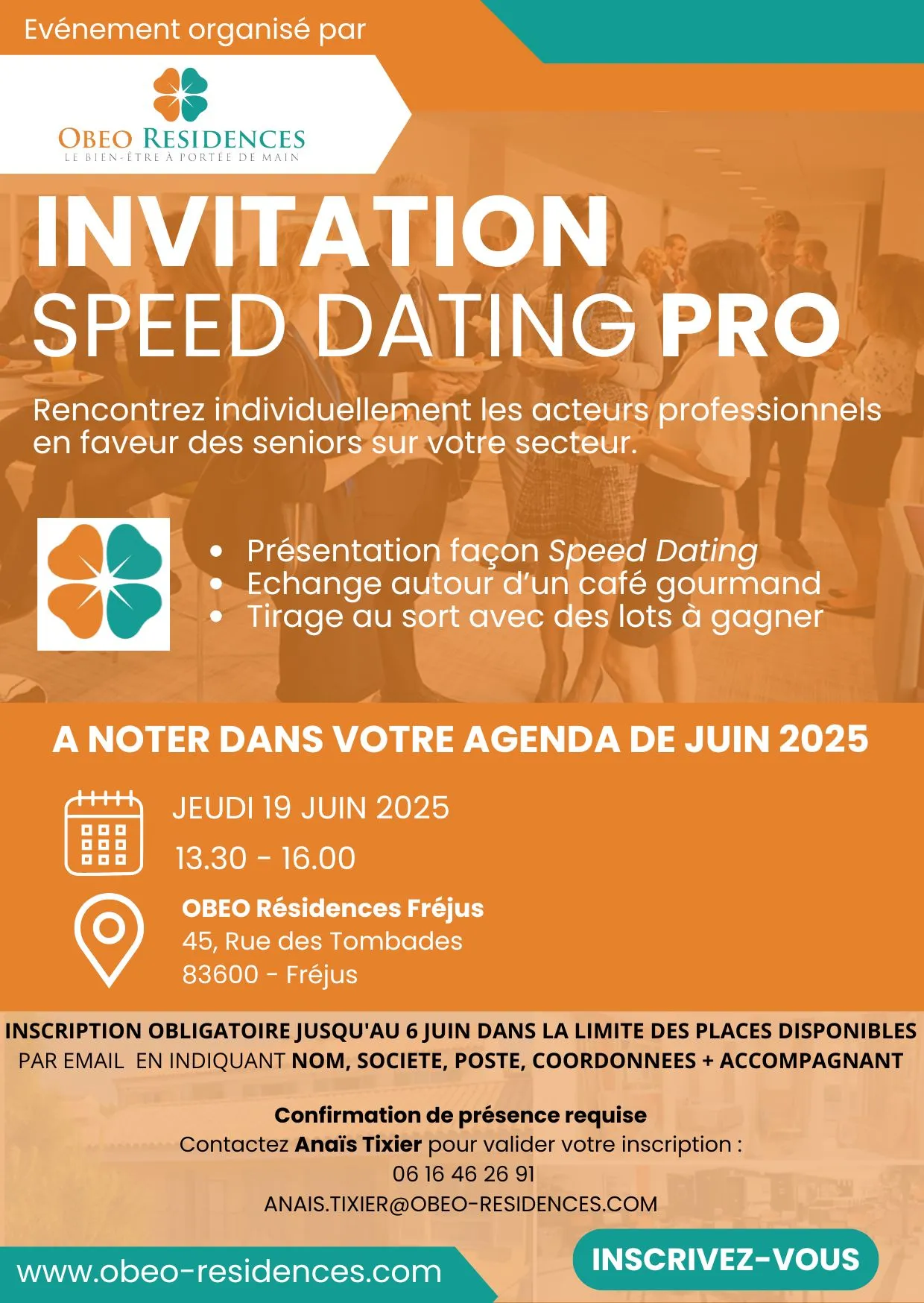 Invitation à la rencontre professionnelle Speed Dating Pro à OBEO Fréjus le 19 juin 2025