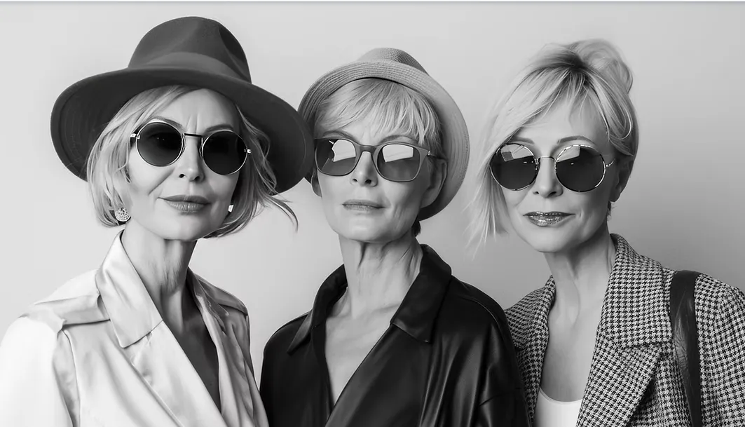 Portrait en noir et blanc de trois femmes seniors élégantes, en chapeau et lunettes de soleil