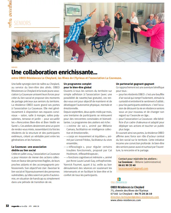 Page intérieure du bulletin décrivant le partenariat entre la résidence et l'association La Couveuse