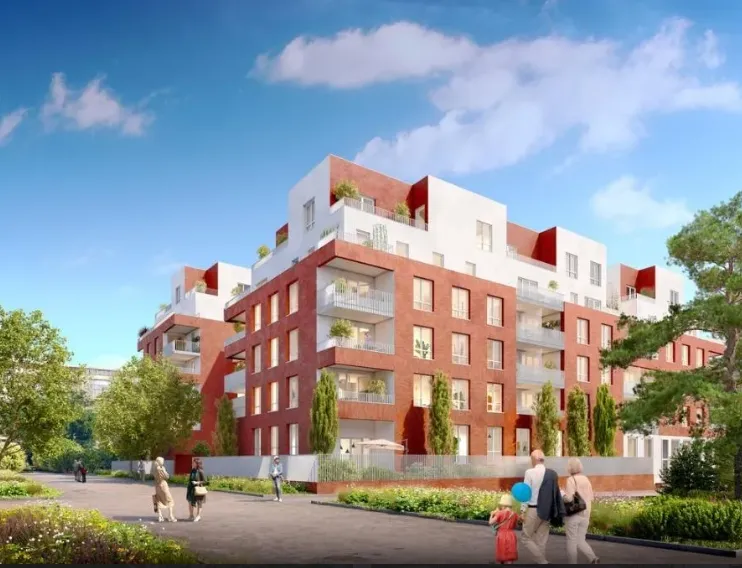 Red-brick facade with white planted rooftop levels of the OBEO senior residence in Toulouse-Guillaumet, surrounded by pine trees and landscaped gardens (architectural rendering)